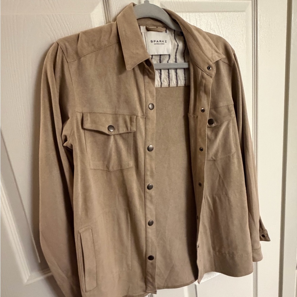 Sparkz Suede Snap-Front Shirt Jacket in Taupe